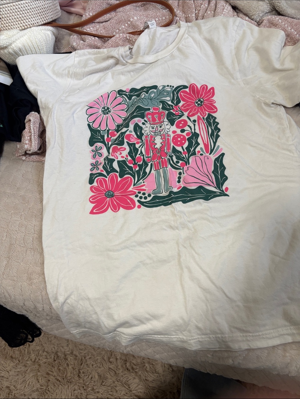 Cream Graphic Home Accent Tee with Pink & Green Floral Nutcracker Design